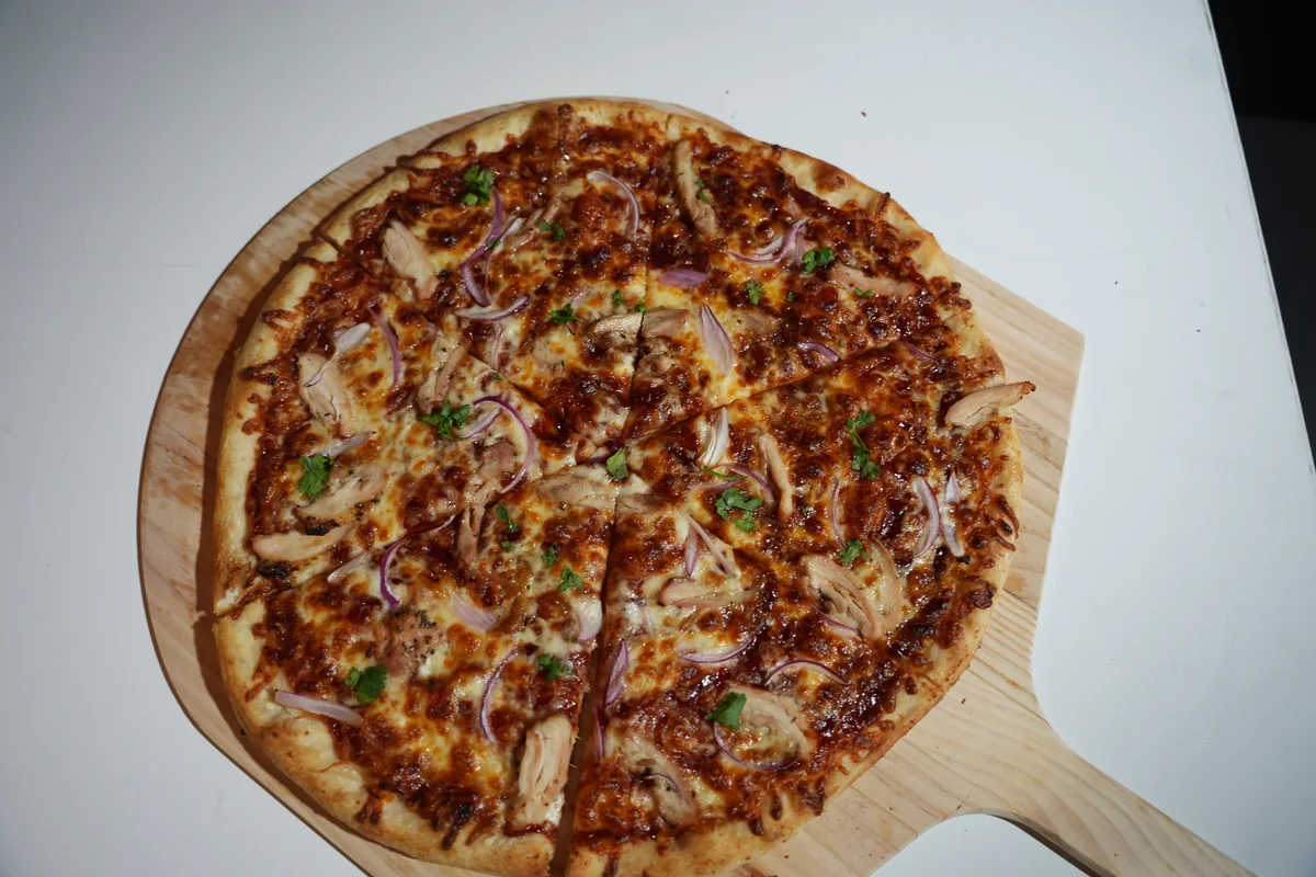The Hypocrite barbeque chicken pizza photographed from above